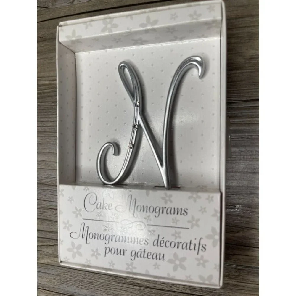 Wedding Small N Silver Finish Monogram Initial Rhinestones Cake Topper